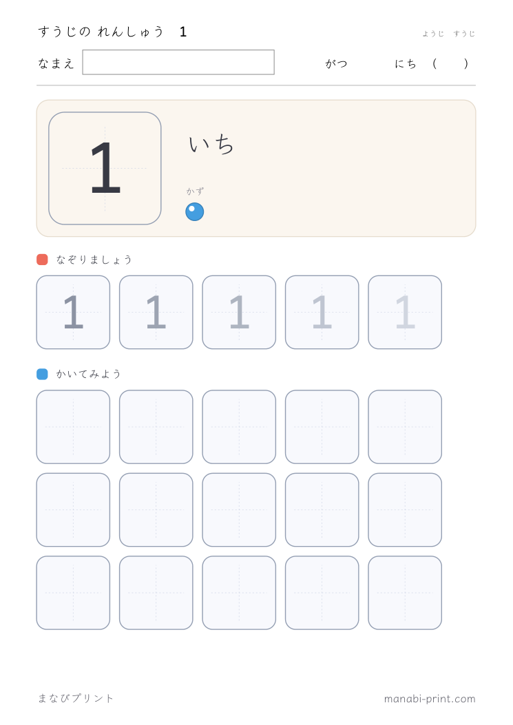 すうじ 1 のなぞり書き