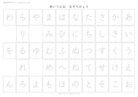 あいうえお なぞり表（うすい手本）