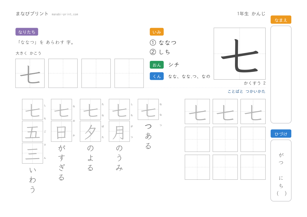 「七」なぞり書きプリント