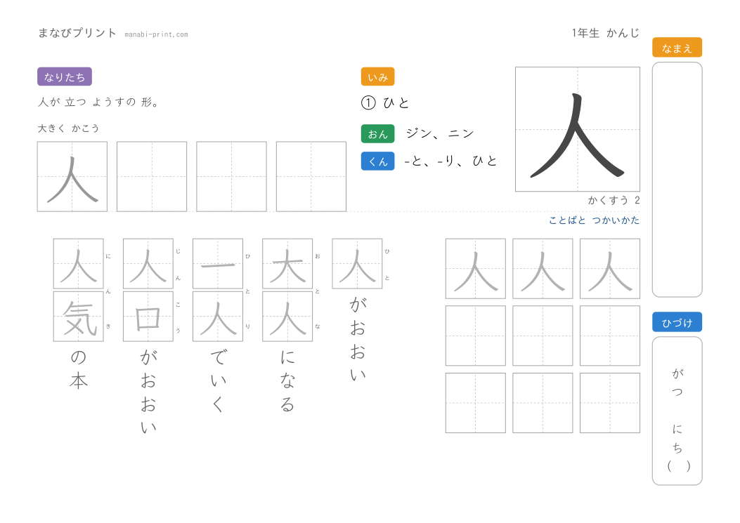 「人」なぞり書きプリント