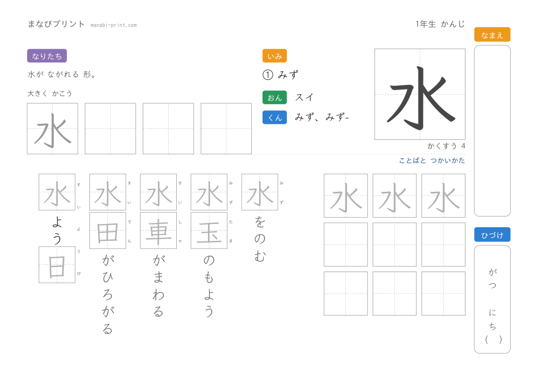 「水」なぞり書きプリント