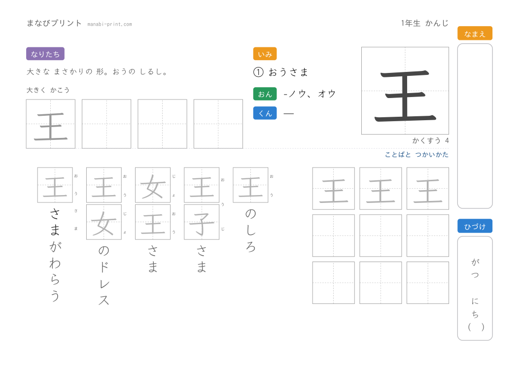 「王」なぞり書きプリント