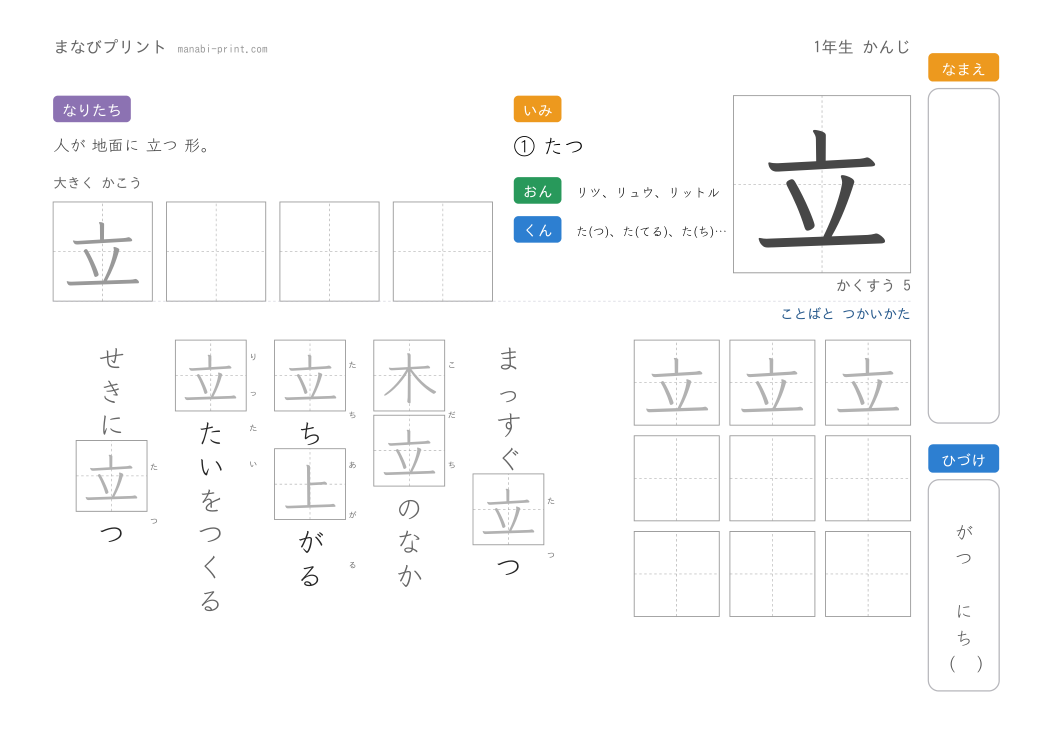 「立」なぞり書きプリント