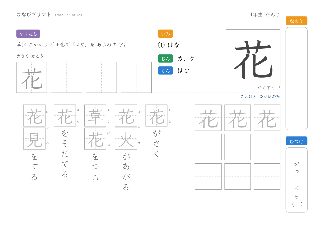 「花」なぞり書きプリント
