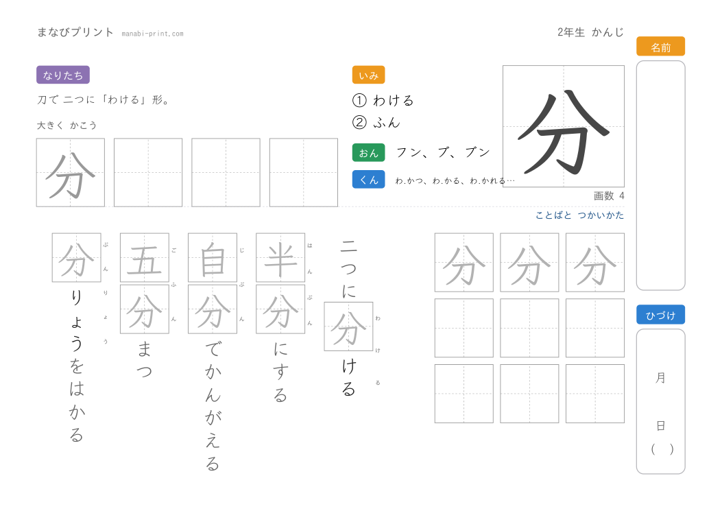 「分」なぞり書きプリント