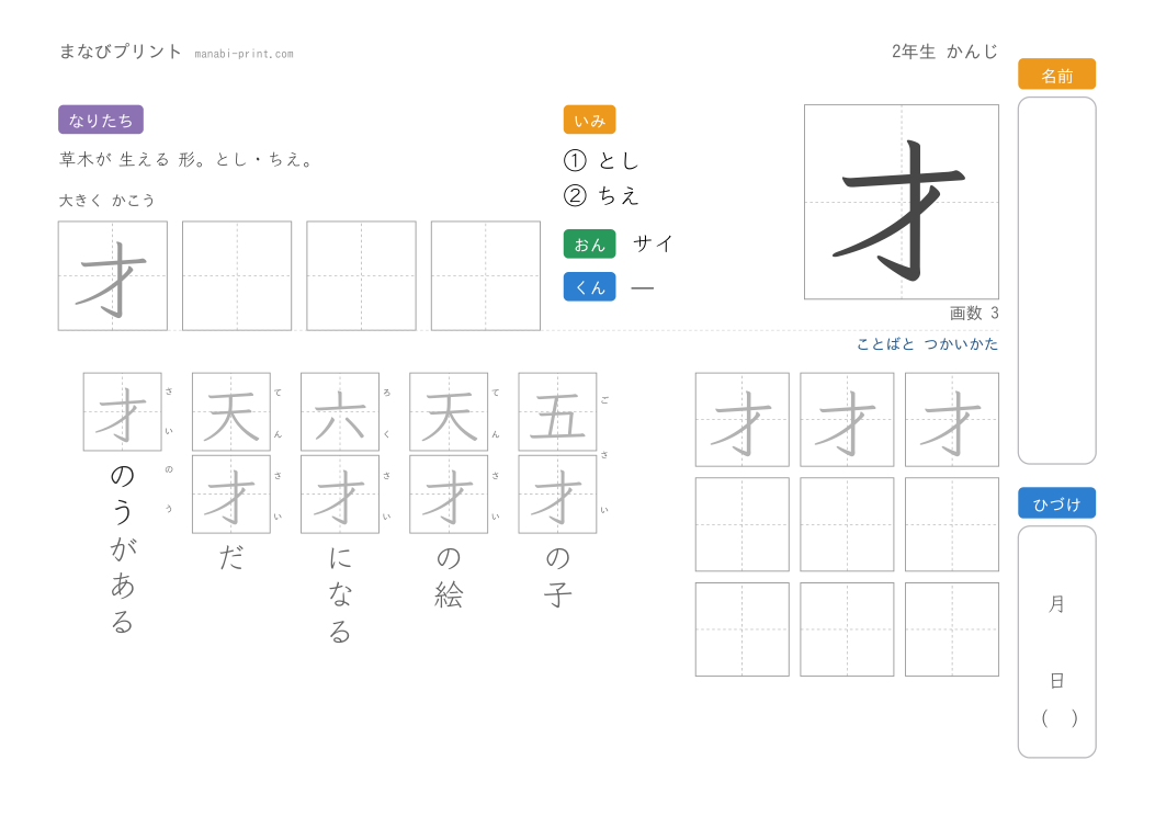 「才」なぞり書きプリント