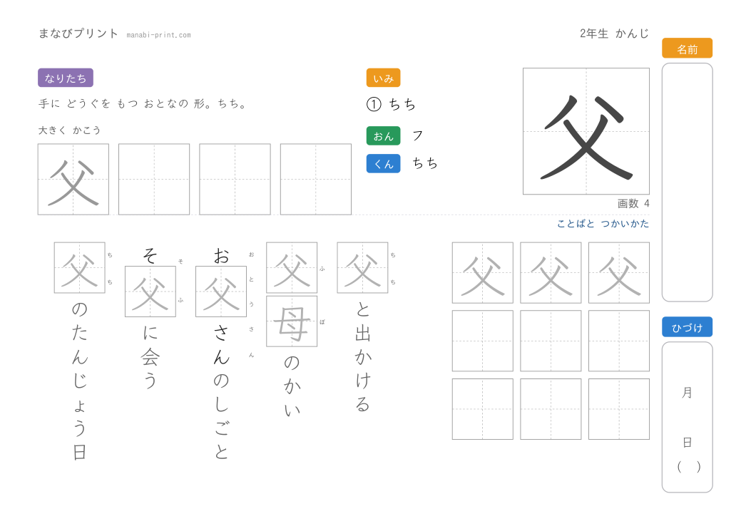 「父」なぞり書きプリント