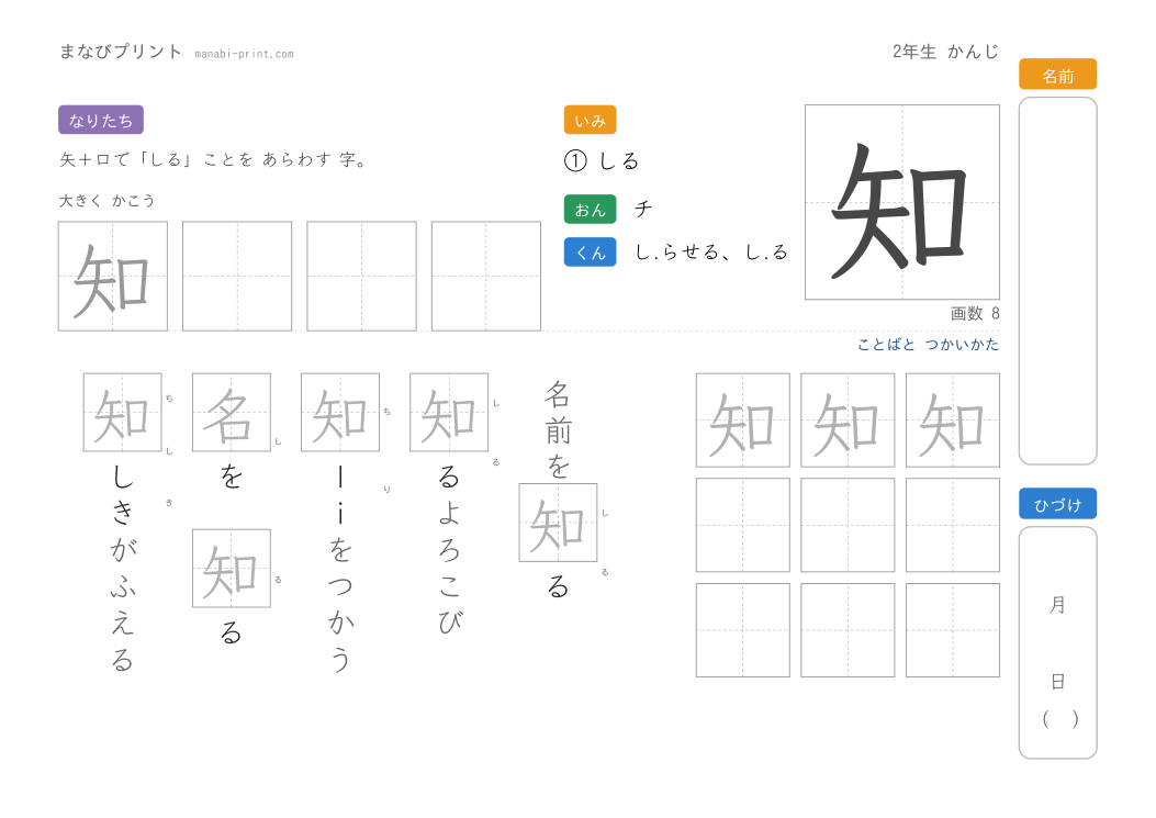 「知」なぞり書きプリント