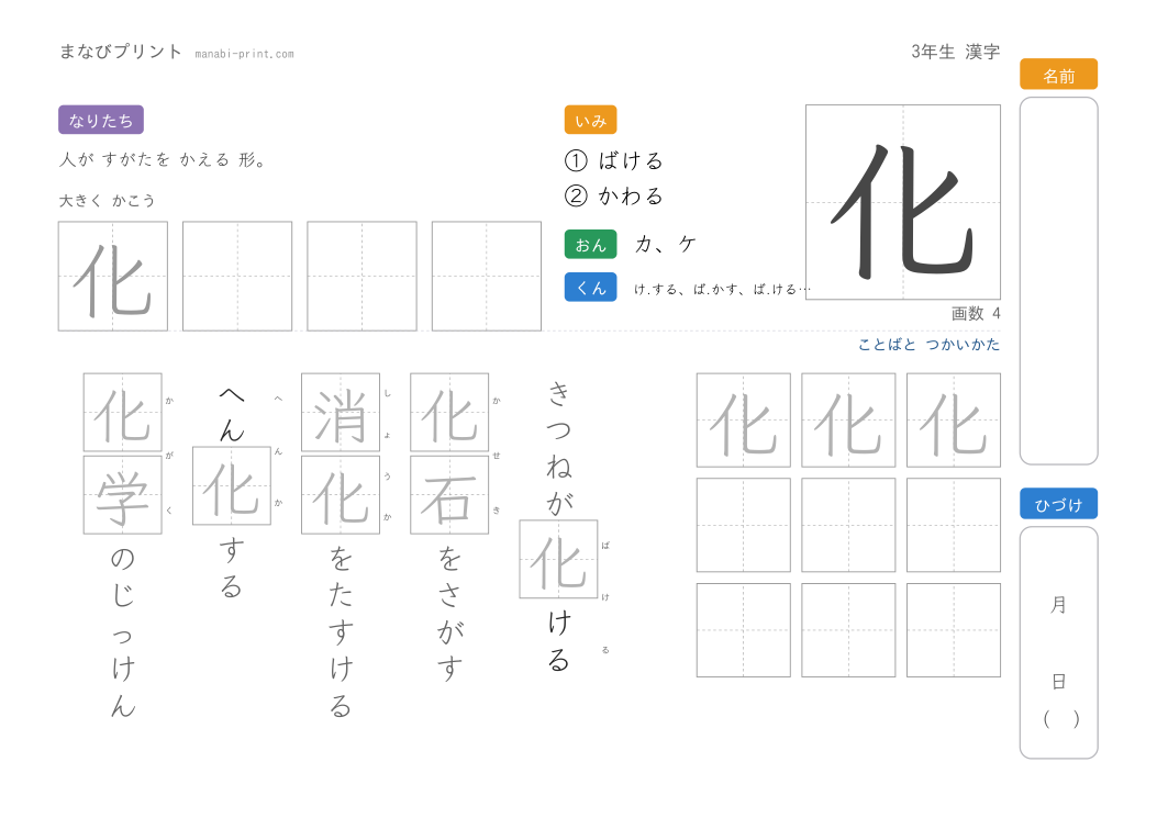 「化」なぞり書きプリント