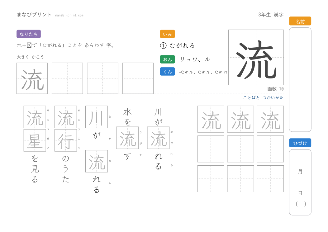 「流」なぞり書きプリント