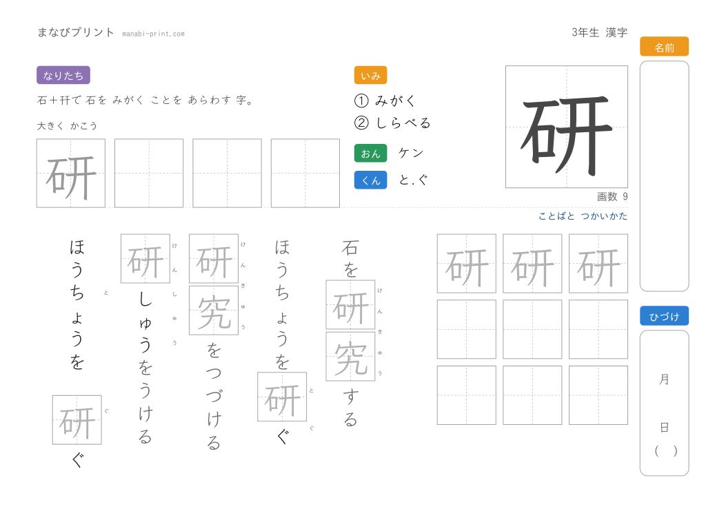 「研」なぞり書きプリント