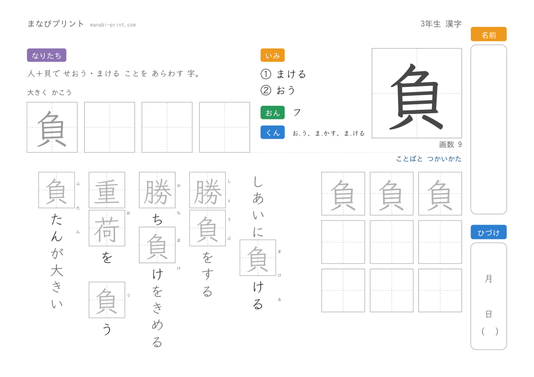 「負」なぞり書きプリント
