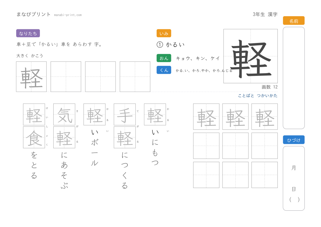 「軽」なぞり書きプリント