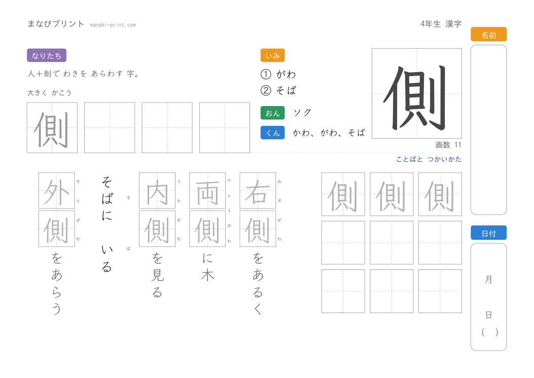 「側」なぞり書きプリント