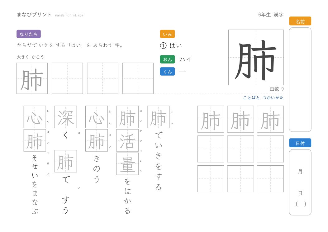 「肺」なぞり書きプリント